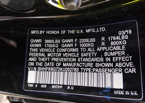 2019 Honda Civic Type R Touring z USA, uszkodzony, nr VIN SHHFK8G72KU202783